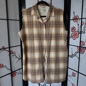 Retro Sostanza Cream Tan Brown Pink Plaid Sleeveless Button Down Shirt Size L